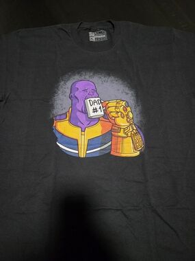 Marvel Black Short Sleeve Tee with Purple Thanos and Yellow Gauntlet